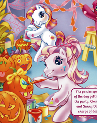 Size: 1817x2301 | Tagged: safe, artist:lyn fletcher, imported from derpibooru, cherry blossom (g3), fluttershy (g3), sunny daze (g3), earth pony, pony, bipedal, comb, corn plant, decorating, female, g3, halloween, holiday, jack-o-lantern, ladder, official, paint, paint on face, paint on hooves, paintbrush, painting, ponytail, pumpkin, spider web, spray can, streamers, the perfect pumpkin, trio, trio female