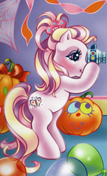 Size: 1265x2073 | Tagged: safe, artist:lyn fletcher, imported from derpibooru, fluttershy (g3), shutterfly, earth pony, pony, alternate hairstyle, balloon, bipedal, camera, female, from side, g3, hairclip, mare, official, party balloon, photographer, pumpkin, solo, taking a picture, the perfect pumpkin