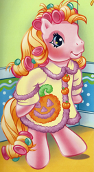 Size: 1153x2105 | Tagged: safe, artist:lyn fletcher, imported from derpibooru, cupcake (g3), earth pony, pony, alternate hairstyle, bipedal, clothes, female, g3, hair curlers, mare, official, robe, solo, the perfect pumpkin