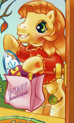 Size: 1025x1689 | Tagged: safe, artist:lyn fletcher, imported from derpibooru, earth pony, pony, bipedal, blouse, bumblesweet (g3), clothes, doorway, female, g3, leaf, mare, official, solo, sweater, the perfect pumpkin, wind