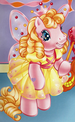 Size: 1077x1757 | Tagged: safe, artist:lyn fletcher, imported from derpibooru, cupcake (g3), earth pony, fairy, pony, bipedal, clothes, costume, cropped, crown, fairy princess, fairy princess outfit, fairy wings, female, g3, halloween, halloween costume, holiday, jewelry, magic wand, official, regalia, scan, solo, the perfect pumpkin, wings