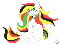 Size: 1873x1405 | Tagged: safe, artist:sharkdoggo, imported from derpibooru, oc, oc only, earth pony, pony, seapony (g4), dorsal fin, ear fluff, fish tail, flowing mane, flowing tail, green eyes, looking at you, multicolored hair, music notes, seaponified, simple background, solo, species swap, tail, white background