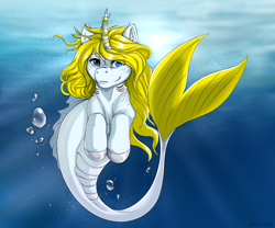 Size: 1200x1000 | Tagged: safe, artist:cappuccinooo, imported from derpibooru, oc, oc only, merpony, seapony (g4), unicorn, blue eyes, bubble, crepuscular rays, dorsal fin, fish tail, flowing tail, gills, horn, looking at you, ocean, seaponified, solo, species swap, sunlight, swimming, tail, underwater, water, yellow eyes