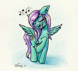 Size: 2440x2220 | Tagged: safe, artist:dandy, imported from derpibooru, oc, oc only, oc:swing time, pegasus, pony, colored pencil drawing, eyes closed, female, high res, music notes, open mouth, signature, singing, solo, traditional art, wings