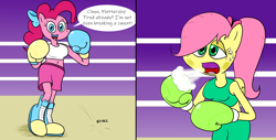 Size: 1920x976 | Tagged: safe, artist:strangefacts101, imported from derpibooru, fluttershy, pinkie pie, anthro, earth pony, pegasus, alternate hairstyle, boots, bouncing, boxing, boxing gloves, boxing ring, boxing shorts, breath, breathing, clothes, mouth guard, shoes, shorts, sports, sports bra, sweat, tanktop, tired, trunks, wings