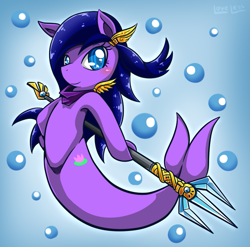 Size: 911x900 | Tagged: safe, artist:vavacung, imported from derpibooru, oc, oc only, merpony, seapony (g4), 2014, blue eyes, blue mane, blushing, bubble, female, fish tail, flowing mane, mermaid tail, simple background, smiling, solo, tail, trident, underwater, water