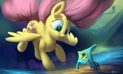 Size: 1600x968 | Tagged: safe, artist:auroriia, imported from derpibooru, fluttershy, fish, leviathan, peeper (subnautica), pegasus, pony, bubble, crepuscular rays, feather, female, flowing mane, green eyes, holding breath, ocean, pink mane, reaper leviathan, signature, solo, subnautica, sunlight, swimming, underwater, water, watershy, wings