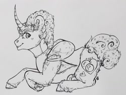 Size: 1280x960 | Tagged: safe, artist:skior, imported from derpibooru, pony, unicorn, lying down, monochrome, pearl (steven universe), ponified, prone, solo, steven universe, traditional art