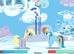 Size: 475x346 | Tagged: safe, artist:sunbusting, imported from derpibooru, derpy hooves, rainbow dash, pegasus, pony, fighting is magic, animated, bipedal, cloudsdale, duo, duo female, female, gif, mare, screenshots