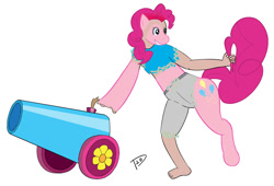 Size: 1474x1000 | Tagged: safe, artist:torlion, imported from derpibooru, pinkie pie, earth pony, human, pony, disappearing clothes, eye color change, female, grin, human to pony, mare, mid-transformation, party cannon, signature, simple background, smiling, solo, tail, tail pull, transformation, white background