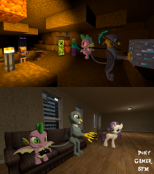 Size: 1920x2160 | Tagged: safe, artist:ponygamer2020, artist:ponygamersfm, imported from derpibooru, gabby, rarity, spike, dragon, enderman, griffon, pony, spider, undead, unicorn, zombie, don't mine at night, dragon dropped, 3d, backlighting, bipedal, bone, cave, comic, controller, couch, creeper, crossover, diamond, diamond pickaxe, diamond sword, female, friends, friendship, jealous rarity, male, mare, mine, minecraft, overprotective, pickaxe, shipping, shipping denied, sitting, skeleton, source filmmaker, spabby, straight, sword, torch, video game, video game crossover, weapon, winged spike, wings, xbox one, xbox one controller