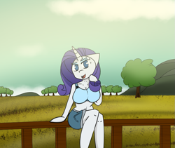 Size: 877x741 | Tagged: safe, artist:inky scroll, imported from derpibooru, rarity, anthro, pony, unicorn, bra, breasts, busty rarity, clothes, denim shorts, farm, female, fence, looking at you, midriff, open mouth, open smile, shorts, sitting, smiling, solo, sports bra, underwear