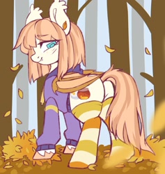 Size: 1624x1712 | Tagged: safe, artist:cheekipone, imported from derpibooru, oc, oc only, oc:honey milk, bat pony, pony, autumn, butt, clothes, forest, hoodie, leaves, looking at you, looking back, plot, smiling, socks, solo, striped socks, thigh highs, tree