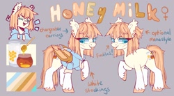 Size: 1600x880 | Tagged: safe, artist:cheekipone, imported from derpibooru, oc, oc:honey milk, bat pony, pony, clothes, cutie mark, eyes closed, food, freckles, honey, hoodie, lidded eyes, raspberry, reference sheet, smiling, solo, tongue out
