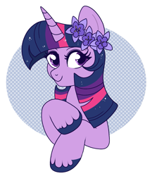 Size: 999x1155 | Tagged: safe, artist:lulubell, imported from derpibooru, twilight sparkle, pony, abstract background, balloon flowers, bust, cute, eyelashes, flower, flower in hair, horn, looking at you, portrait, smiling, solo, twiabetes, unshorn fetlocks