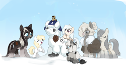 Size: 2562x1441 | Tagged: safe, artist:marbo, oc, oc only, oc:arctic ink, oc:bundle up, oc:current seeker, oc:pine ponder, oc:puffins, earth pony, pony, boot, clothes, female, filly, fluffy, foal, happy, image, mare, pinecone, png, simple background, snow, snowpony, snowpony (species), taiga pony