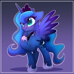 Size: 2000x2000 | Tagged: safe, artist:splashofsweet, imported from derpibooru, princess luna, pony, alcorn, chest fluff, cute, lunabetes, smiling, solo, spread wings, wings