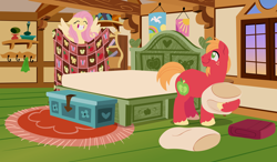 Size: 2880x1680 | Tagged: safe, anonymous artist, imported from derpibooru, big macintosh, fluttershy, earth pony, pegasus, pony, series:fm holidays, bed, bed sheets, bedroom, big grin, cute, eyes closed, female, fluttermac, fluttershy's cottage, flying, grin, labor day, lineless, looking at each other, male, mare, no pupils, pillow, quilt, sheet, shipping, shyabetes, smiling, smiling at each other, spread wings, stallion, straight, sunset, toothy grin, wings