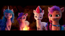 Size: 1920x1080 | Tagged: safe, imported from derpibooru, screencap, izzy moonbow, pipp petals, sunny starscout, zipp storm, earth pony, pegasus, pony, unicorn, spoiler:my little pony: a new generation, animated, campfire, female, fire, floppy ears, g5, mare, my little pony: a new generation, official, smiling