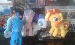 Size: 750x450 | Tagged: safe, artist:karadeg, artist:onlyfactory, derpibooru exclusive, imported from derpibooru, rarity, starlight glimmer, sunset shimmer, trixie, unicorn, equestria girls, bootleg, irl, photo, picture, plushie