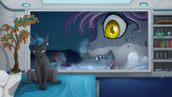 Size: 3000x1700 | Tagged: safe, artist:stray prey, imported from derpibooru, oc, oc:lucent, oc:spring tide, original species, pony, shark, shark pony, unicorn, annoyed, bed, loss (meme), macro, male, sitting on bed, size difference, subnautica, tired, ulysses, underwater