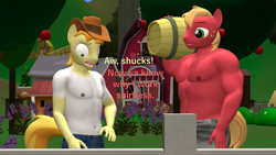 Size: 1920x1080 | Tagged: safe, artist:papadragon69, imported from derpibooru, big macintosh, braeburn, anthro, earth pony, 3d, belly button, clothes, duo, duo male, fence, male, male nipples, muscles, nipples, nudity, partial nudity, source filmmaker, tan lines, topless