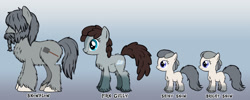 Size: 2250x900 | Tagged: safe, artist:anonymous, imported from ponybooru, oc, oc only, oc:bright snow, oc:firn gully, oc:shiny snow, oc:snowplow, pony, /mlp/, beard, chest fluff, coat markings, facial hair, family, father and child, father and daughter, female, filly, fluffy, gradient background, hair over eyes, identical twins, male, mare, mother and child, mother and daughter, parent and child, pregnant, siblings, sisters, snowpony (species), socks (coat marking), stallion, taiga pony, twin sisters, twins, unshorn fetlocks