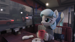 Size: 3840x2160 | Tagged: safe, artist:xppp1n, imported from ponybooru, bon bon, coco pommel, lyra heartstrings, sweetie drops, earth pony, pony, unicorn, 3d, blender, blender cycles, coffee mug, diner, female, holding, lidded eyes, mare, mug, restaurant, sitting, unshorn fetlocks