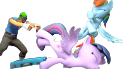 Size: 666x375 | Tagged: safe, alternate version, rainbow dash, twilight sparkle, alicorn, pegasus, pony, 3d, clothes, eyes closed, female, goggles, intel, laughing, mare, open mouth, pants, scout, shirt, simple background, source filmmaker, team fortress 2, transparent background, twilight sparkle (alicorn)