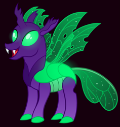 Size: 2179x2300 | Tagged: safe, artist:sweetielover, imported from derpibooru, oc, oc only, oc:sparkly emerald, changeling, changeling oc, glow, glowing, green changeling, high res, male, open mouth, simple background, solo