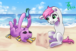 Size: 3000x2000 | Tagged: safe, artist:joan-grace, imported from derpibooru, twilight sparkle, oc, oc only, earth pony, pony, unicorn, beach, duo, earth pony oc, female, filly, high res, lying down, magical lesbian spawn, offspring, on back, outdoors, parent:apple bloom, parent:diamond tiara, parent:flash sentry, parent:twilight sparkle, parents:diamondbloom, parents:flashlight, signature, underhoof, unicorn twilight