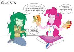 Size: 1280x905 | Tagged: safe, artist:crock2121, imported from derpibooru, adagio dazzle, pinkie pie, sunset shimmer, wallflower blush, equestria girls, equestria girls series, forgotten friendship, dialogue, duo, duo female, female, hand puppet, implied lesbian, implied shipping, implied sunsagio, lesbian, pinkieflower, puppet, shipping, simple background, sock puppet, spanish, translated in the description, white background