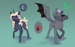 Size: 3000x1900 | Tagged: safe, artist:joan-grace, imported from derpibooru, oc, oc only, oc:lucas, oc:selina, bat pony, pony, unicorn, bat pony oc, bat wings, duo, female, gradient background, horn, male, mare, offspring, parent:king sombra, parent:princess luna, parents:lumbra, reference sheet, siblings, stallion, story included, unicorn oc, wings