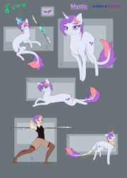Size: 2000x2800 | Tagged: safe, artist:joan-grace, imported from derpibooru, oc, oc only, oc:mystic, human, pony, unicorn, boots, clothes, female, glowing horn, high res, horn, humanized, interspecies offspring, leonine tail, magic, mare, offspring, offspring's offspring, parent:oc:pandora, parent:oc:valiant heart, parents:oc x oc, reference sheet, shoes, shorts, smiling, spear, telekinesis, unicorn oc, weapon