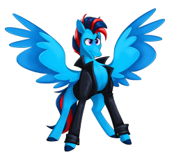 Size: 3338x3020 | Tagged: safe, artist:luximus17, imported from derpibooru, oc, oc only, oc:andrew swiftwing, pegasus, pony, alternate hairstyle, clothes, high res, jacket, leather jacket, male, simple background, solo, spread wings, stallion, transparent background, wings