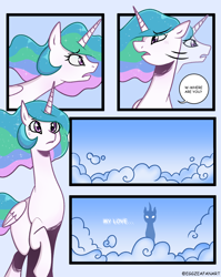 Size: 1272x1600 | Tagged: safe, artist:eggzeafanart, imported from derpibooru, king sombra, princess celestia, alicorn, pony, unicorn, cloud, comic, dialogue, sweat