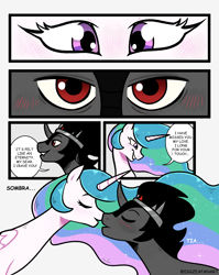 Size: 1272x1600 | Tagged: safe, artist:eggzeafanart, imported from derpibooru, king sombra, princess celestia, alicorn, unicorn, blushing, celestibra, comic, dialogue, female, lidded eyes, male, nuzzling, shipping, smiling, straight