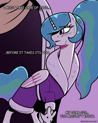 Size: 1272x1600 | Tagged: safe, artist:eggzeafanart, imported from derpibooru, princess celestia, alicorn, pony, bunny slippers, clothes, comic, female, mare, slippers, solo, sweat