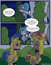 Size: 1272x1600 | Tagged: safe, artist:eggzeafanart, imported from derpibooru, flash sentry, princess celestia, alicorn, pegasus, pony, unicorn, armor, comic, dialogue, female, male, mare, royal guard, stallion, surprised, unamused, wide eyes