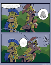 Size: 1272x1600 | Tagged: safe, artist:eggzeafanart, imported from derpibooru, flash sentry, pegasus, pony, unicorn, armor, comic, dialogue, male, royal guard, stallion, sweat, tongue out, unicorn royal guard, wavy mouth