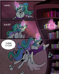 Size: 1272x1600 | Tagged: safe, artist:eggzeafanart, imported from derpibooru, princess celestia, pony, bookshelf, bunny slippers, clothes, comic, library, slippers, solo