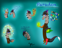 Size: 2217x1723 | Tagged: safe, artist:diamond06mlp, imported from derpibooru, discord, oc, oc only, oc:paradox, draconequus, blushing, bust, draconequus oc, fire, fire breath, glowing hands, male, reference sheet, signature