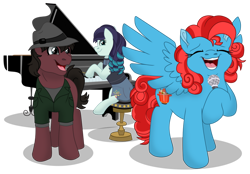 Size: 1024x714 | Tagged: safe, artist:faitheverlasting, imported from derpibooru, coloratura, oc, oc:phillip finder, oc:steamed carrot, earth pony, pegasus, eyes closed, microphone, musical instrument, piano, rara, simple background, singing, smiling, transparent background