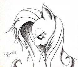 Size: 2112x1824 | Tagged: safe, artist:diamond06mlp, imported from derpibooru, fluttershy, pegasus, pony, bust, female, lineart, mare, monochrome, signature, simple background, solo, traditional art, white background