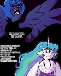 Size: 1272x1600 | Tagged: safe, artist:eggzeafanart, imported from derpibooru, princess celestia, princess luna, alicorn, pony, comic, dialogue, floppy ears, spread wings, wings