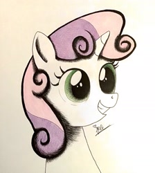 Size: 1952x2176 | Tagged: safe, artist:diamond06mlp, imported from derpibooru, sweetie belle, pony, unicorn, bust, eyelashes, female, filly, grin, signature, smiling, solo, traditional art