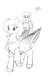 Size: 1250x2000 | Tagged: safe, artist:runningtoaster, imported from derpibooru, oc, oc only, oc:eranor, original species, pegasus, pony, female, humalos, human ponidox, lineart, mare, monochrome, nuckelavee, pegasus oc, raised hoof, self ponidox, simple background, talking, white background, wings