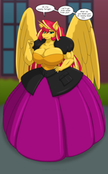 Size: 1250x2000 | Tagged: safe, alternate version, artist:runningtoaster, imported from derpibooru, sunset shimmer, alicorn, anthro, alicornified, big breasts, breasts, busty sunset shimmer, cleavage, clothes, colored, dialogue, dress, female, flexing, gown, huge breasts, human to anthro, implied transformation, muscles, muscular female, outdoors, poofy shoulders, race swap, smiling, speech bubble, sunset lifter, talking