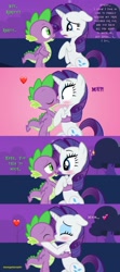 Size: 2048x4604 | Tagged: safe, artist:georgegarza01, imported from derpibooru, rarity, spike, dragon, pony, unicorn, blushing, comic, confession, duo, emoji, female, floppy ears, heart, hooves on cheeks, kiss on the lips, kissing, looking at each other, love, male, night, pink background, romantic, sad, shipping, shocked, show accurate, simple background, smiling, sparity, straight, surprise kiss, text