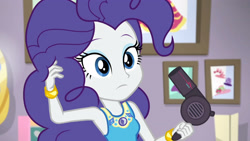 Size: 3410x1920 | Tagged: safe, imported from derpibooru, screencap, rarity, do it for the ponygram!, equestria girls, equestria girls series, spoiler:eqg series (season 2), alternate hairstyle, bracelet, cute, female, geode of empathy, geode of fauna, geode of shielding, geode of sugar bombs, geode of super speed, geode of super strength, geode of telekinesis, hair dryer, hairstyle swap, high res, jewelry, magical geodes, pinkie pie hair, pinkity, raribetes, rarity peplum dress, rarity's bedroom, solo